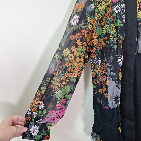 Vintage 70s Black Dayglo Floral Maxi Hostess Dress Sheer Jacket Women Size M/L - Picture 10 of 12